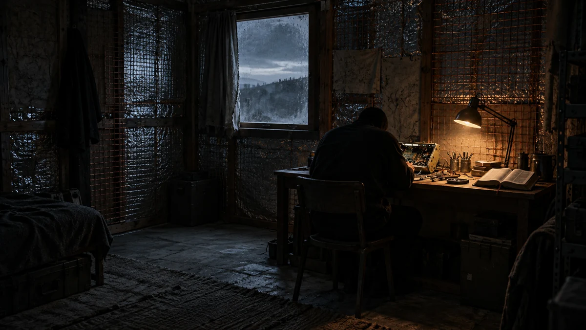 A solitary figure at a lamplit desk in a dark, makeshift refuge.