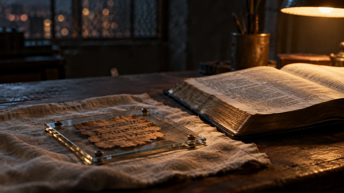 An old manuscript fragment preserved beside a Bible on a lamplit desk.