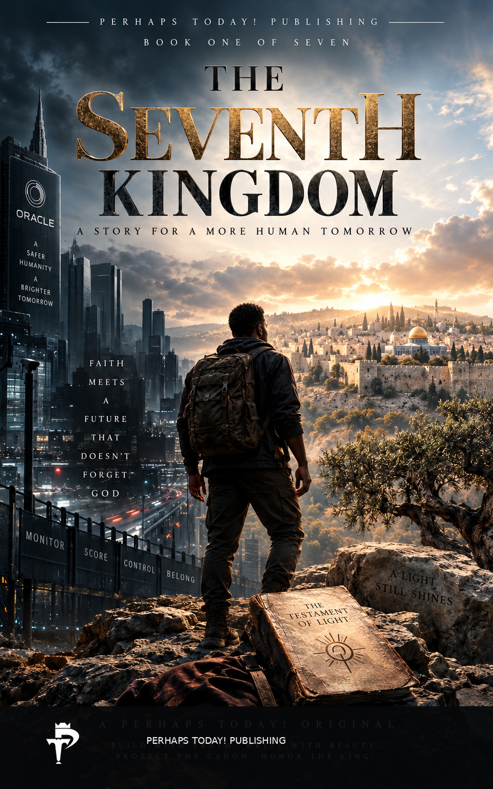 The Seventh Kingdom, Book One of Seven. Cover showing a traveler between a surveillance city and an ancient city at sunrise.